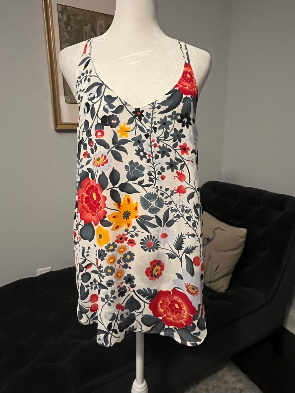LOFT White Floral Print V-Neck Strappy Top with Red and Yellow Flowers
